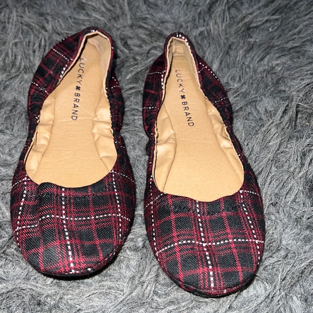 Women's Lucky Brand fabric plaid flats, size 7.5, excellent condition